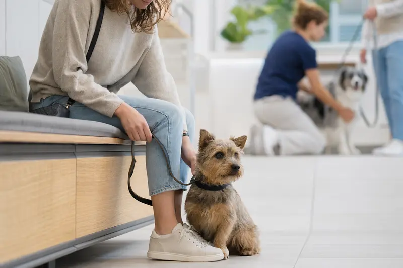 Ein Norwich Terrier sitzt ruhig neben seinem Besitzer im hellen Wartezimmer einer modernen Tierarztpraxis.